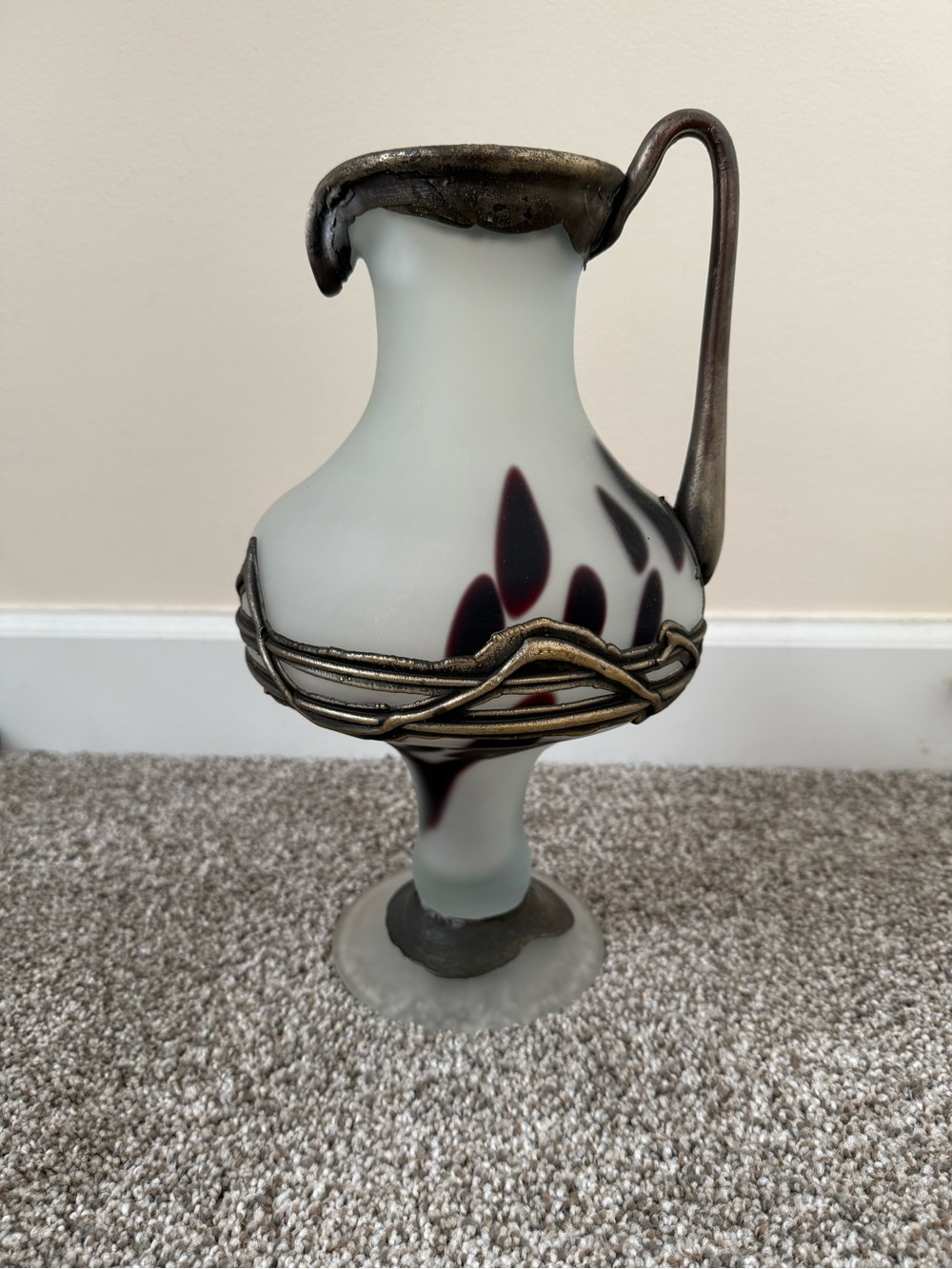 Antique 14" Frosted Glass Pedestal Pitcher Vase with Metal Accents. Beautiful